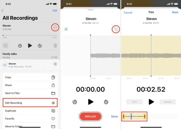 Voicemail liên kết với Voice Memos nên có thể thực hiện mọi thao tác giống như Voice Memos